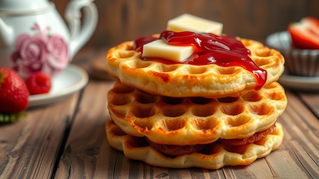 Delicious Homemade Crumpets Recipe A stack of crumpets with melted butter and strawberry jam on a wooden table.